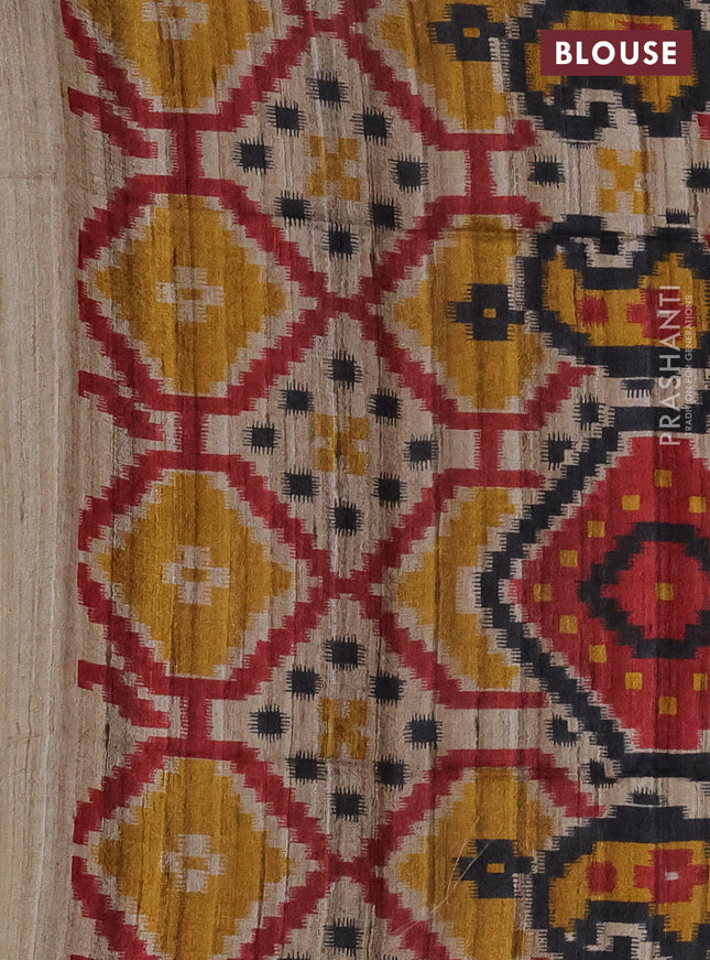 Pure dupion silk saree maroon and beige with plain body and ikat printed pallu