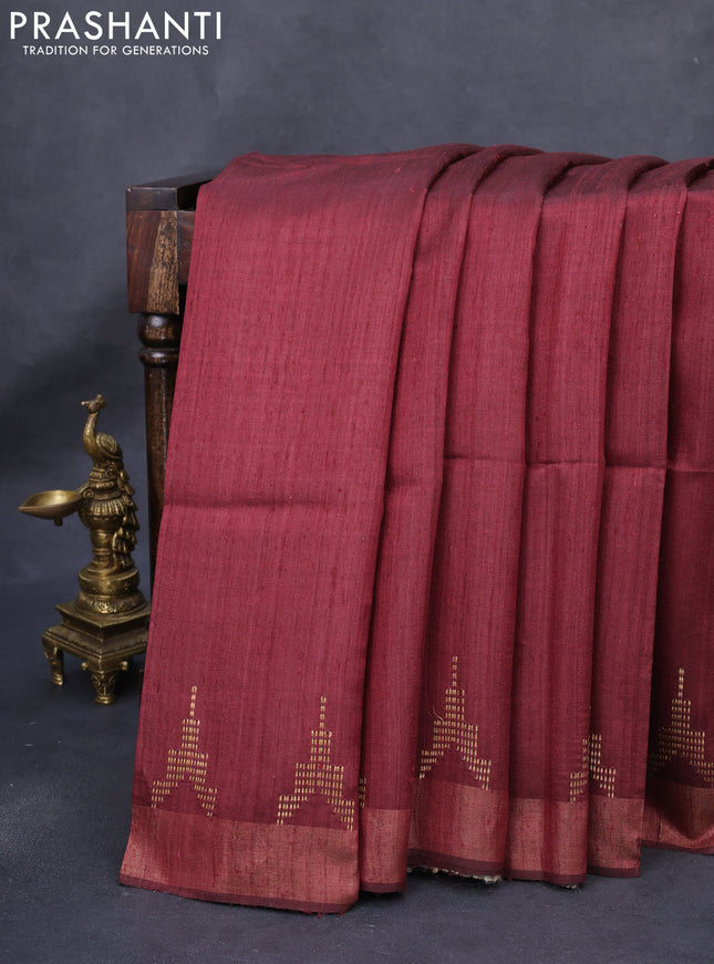 Pure dupion silk saree maroon and beige with plain body and madhubani printed pallu