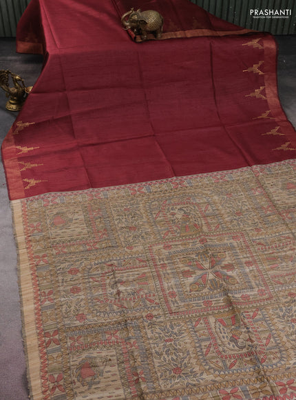Pure dupion silk saree maroon and beige with plain body and madhubani printed pallu