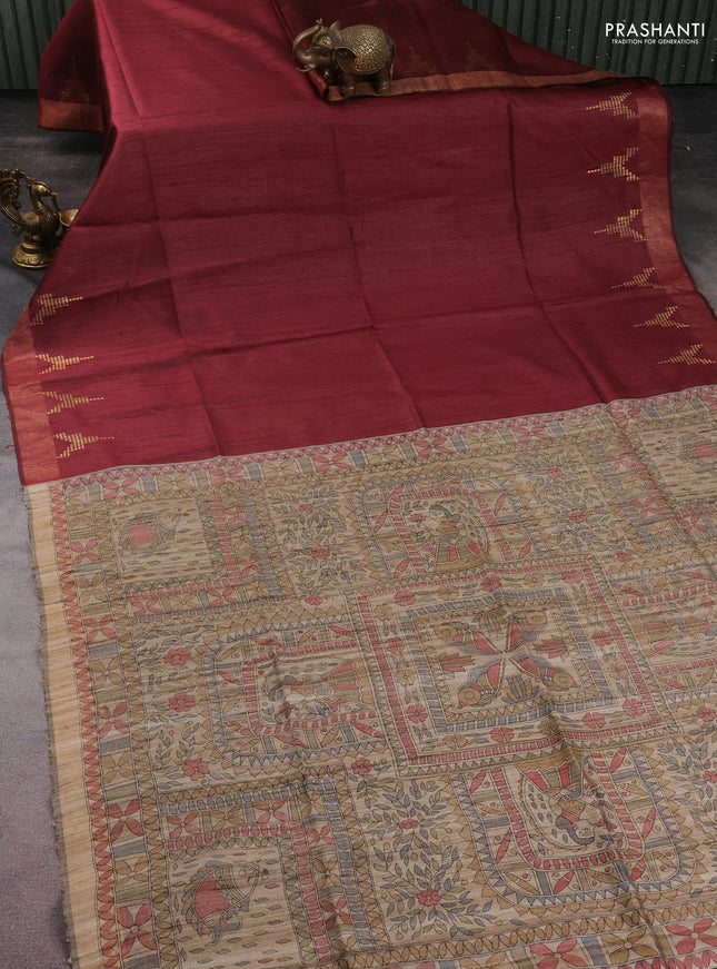 Pure dupion silk saree maroon and beige with plain body and madhubani printed pallu