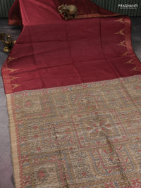 Pure dupion silk saree maroon and beige with plain body and madhubani printed pallu