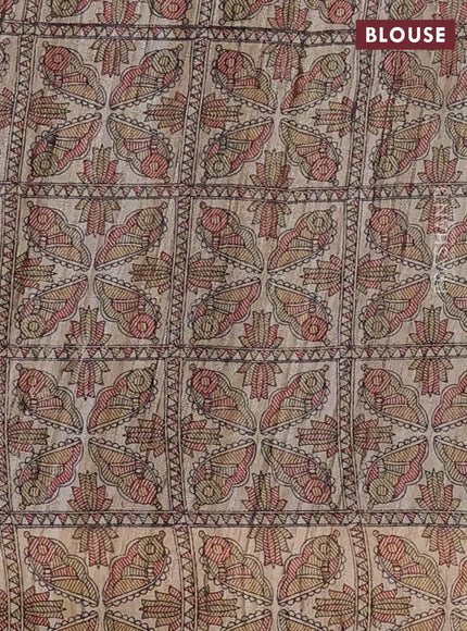 Pure dupion silk saree maroon and beige with plain body and madhubani printed pallu