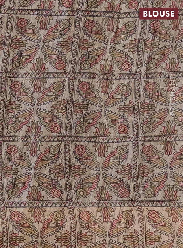 Pure dupion silk saree maroon and beige with plain body and madhubani printed pallu