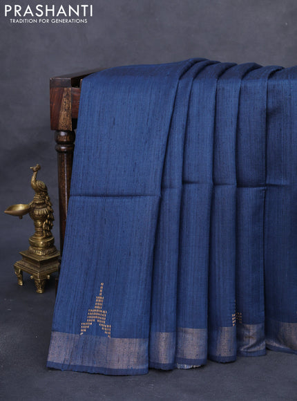 Pure dupion silk saree peacock blue and beige with plain body and madhubani printed pallu