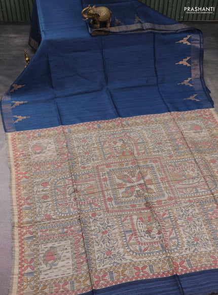 Pure dupion silk saree peacock blue and beige with plain body and madhubani printed pallu