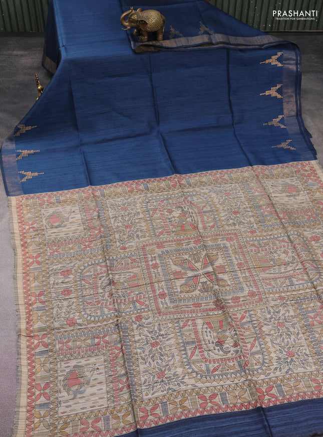 Pure dupion silk saree peacock blue and beige with plain body and madhubani printed pallu
