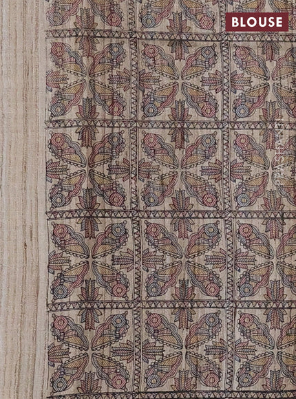 Pure dupion silk saree peacock blue and beige with plain body and madhubani printed pallu