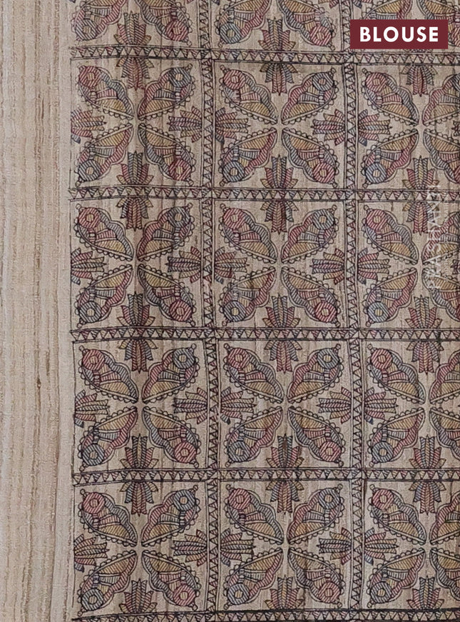 Pure dupion silk saree peacock blue and beige with plain body and madhubani printed pallu