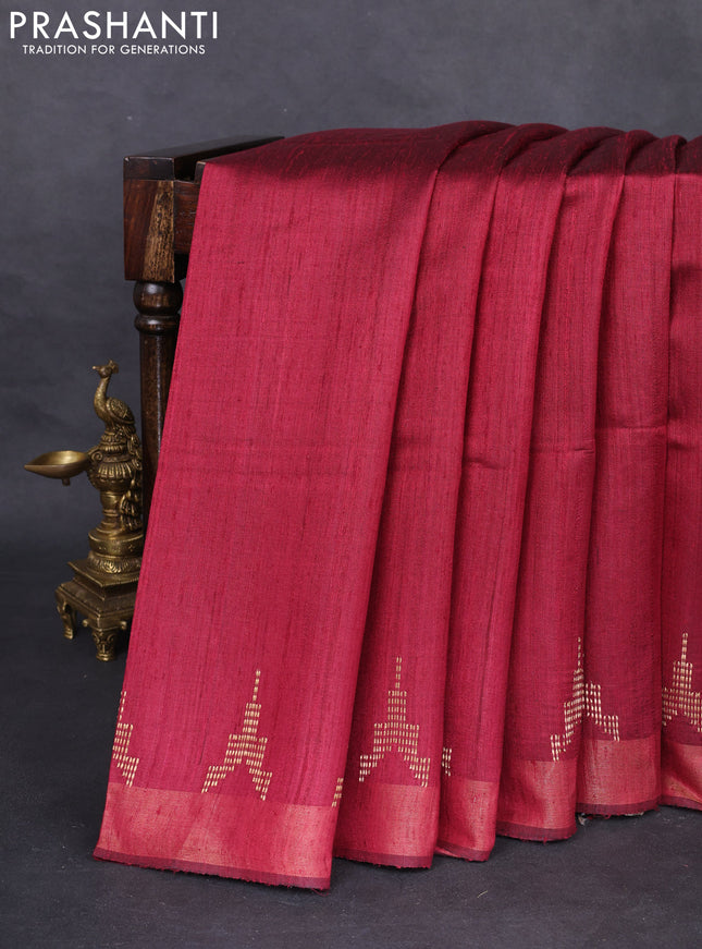 Pure dupion silk saree dark pink and beige with plain body and madhubani printed pallu