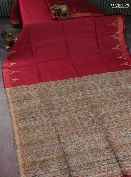 Pure dupion silk saree dark pink and beige with plain body and madhubani printed pallu