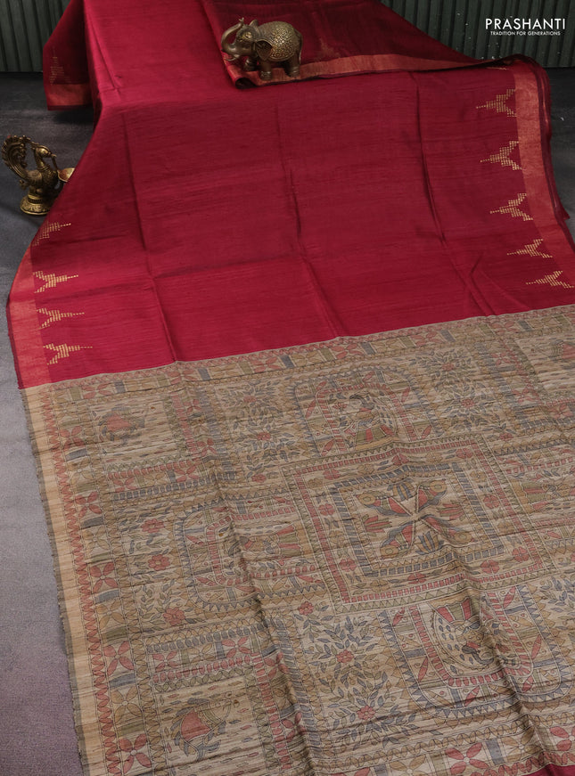 Pure dupion silk saree dark pink and beige with plain body and madhubani printed pallu