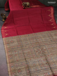 Pure dupion silk saree dark pink and beige with plain body and madhubani printed pallu