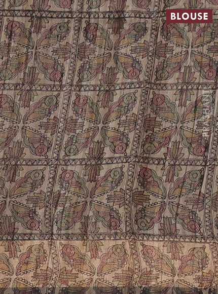 Pure dupion silk saree dark pink and beige with plain body and madhubani printed pallu