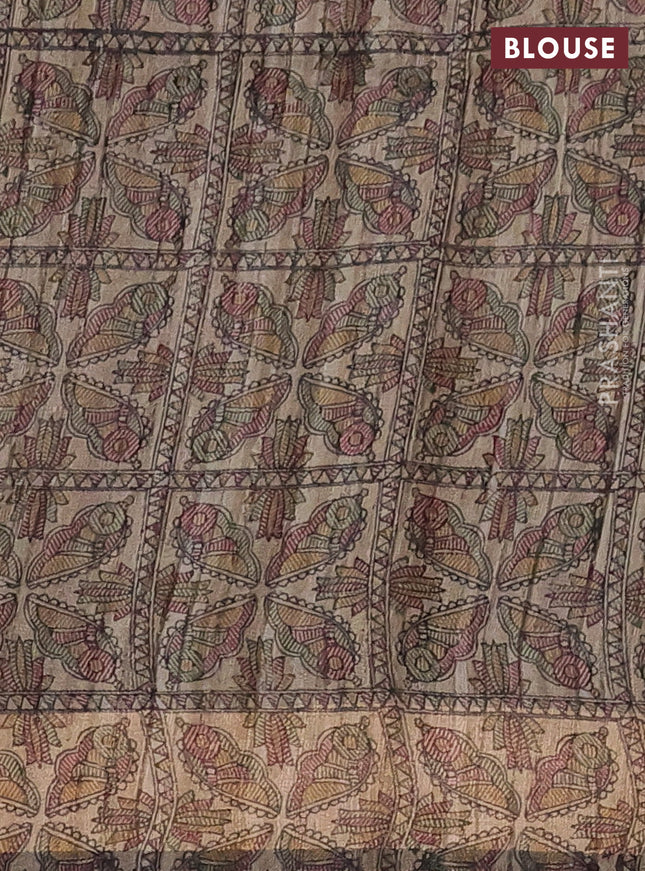 Pure dupion silk saree dark pink and beige with plain body and madhubani printed pallu