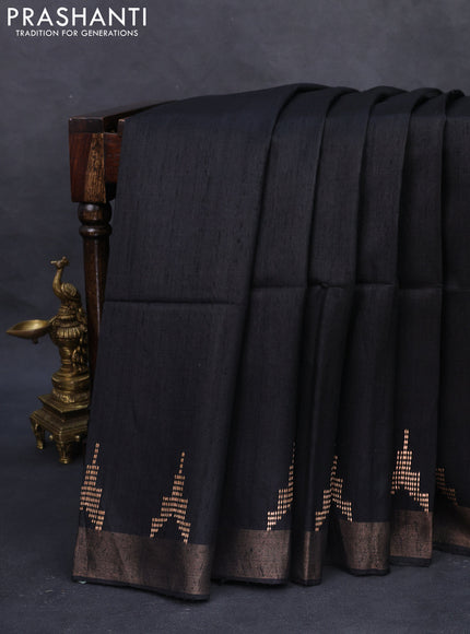 Pure dupion silk saree black and beige with plain body and madhubani printed pallu