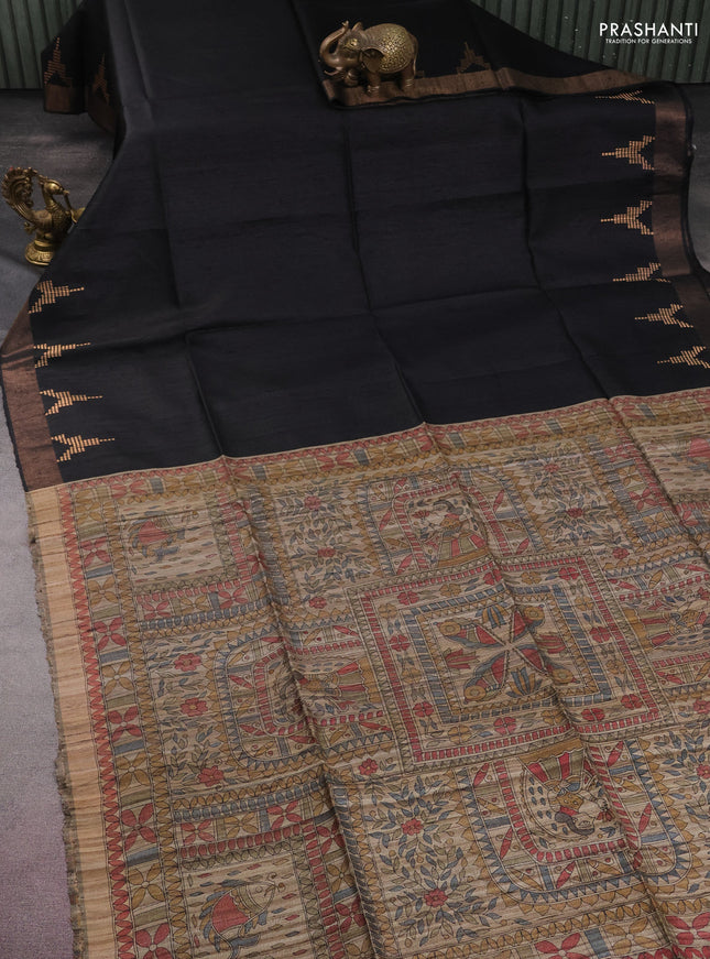 Pure dupion silk saree black and beige with plain body and madhubani printed pallu