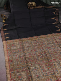Pure dupion silk saree black and beige with plain body and madhubani printed pallu