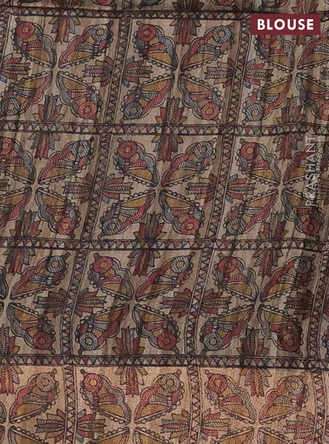 Pure dupion silk saree black and beige with plain body and madhubani printed pallu