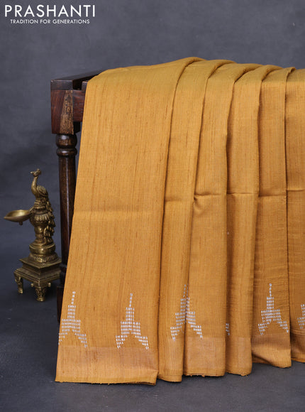 Pure dupion silk saree drak mustard and beige with plain body and madhubani printed pallu