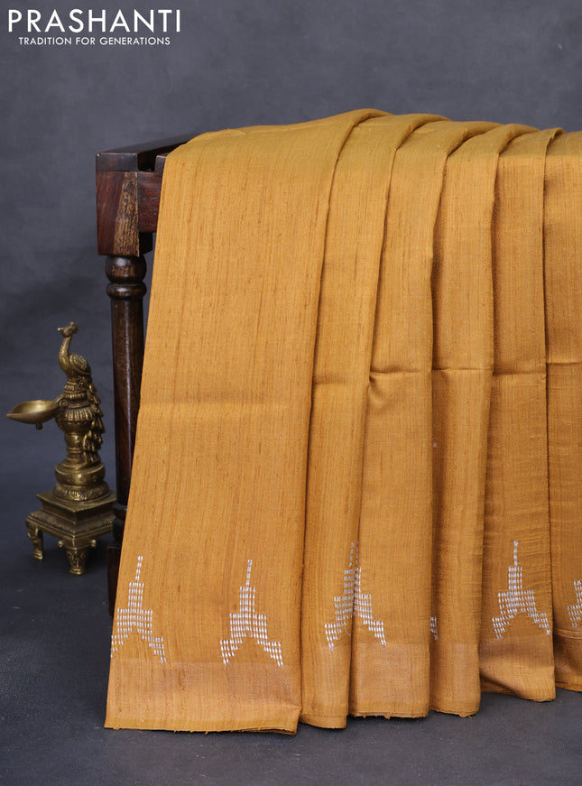 Pure dupion silk saree drak mustard and beige with plain body and madhubani printed pallu