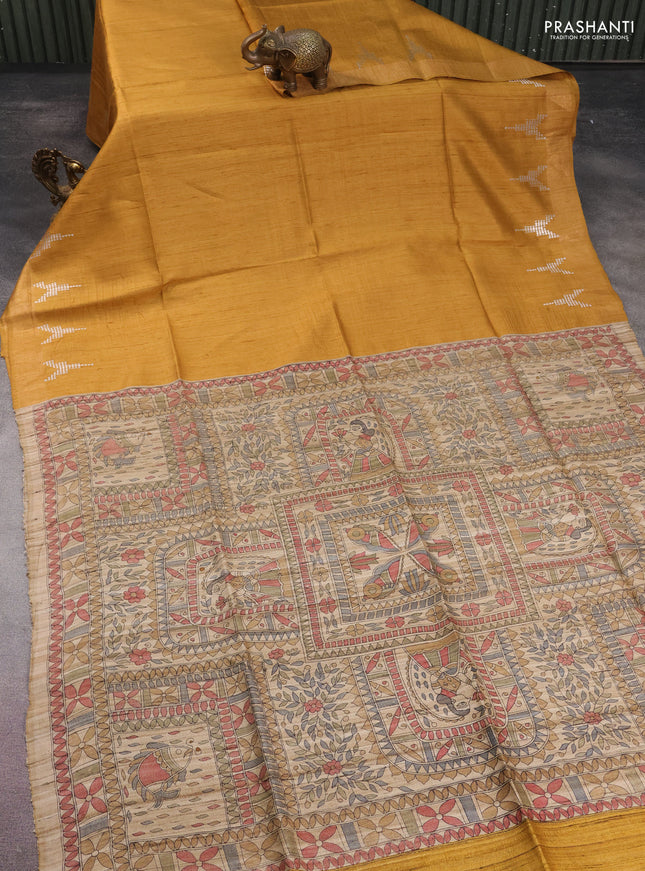 Pure dupion silk saree drak mustard and beige with plain body and madhubani printed pallu