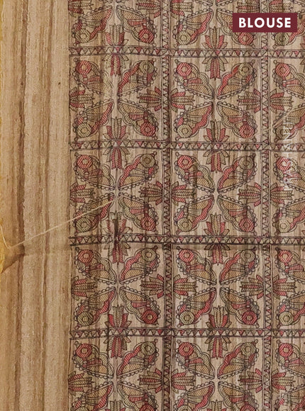 Pure dupion silk saree drak mustard and beige with plain body and madhubani printed pallu