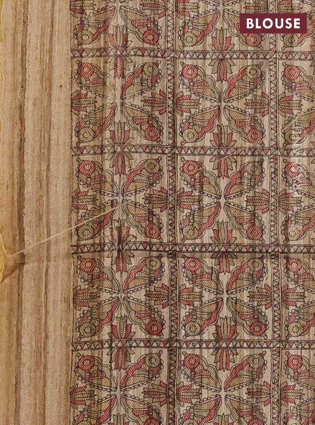 Pure dupion silk saree drak mustard and beige with plain body and madhubani printed pallu
