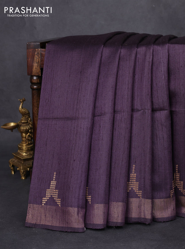 Pure dupion silk saree wine shade and beige with plain body and madhubani printed pallu