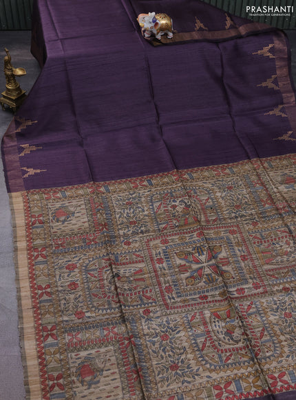 Pure dupion silk saree wine shade and beige with plain body and madhubani printed pallu