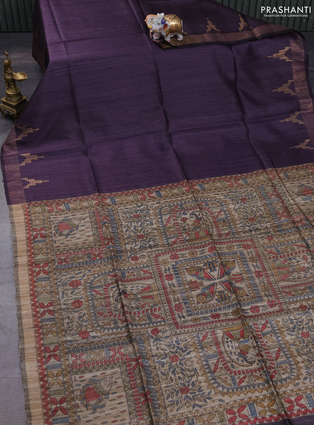 Pure dupion silk saree wine shade and beige with plain body and madhubani printed pallu