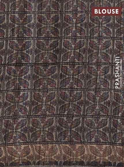 Pure dupion silk saree wine shade and beige with plain body and madhubani printed pallu