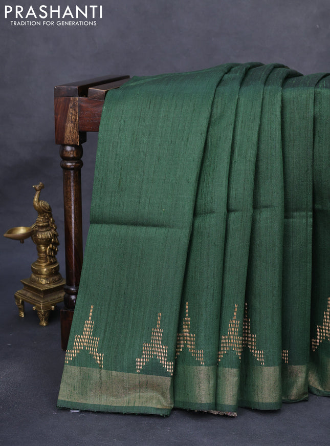 Pure dupion silk saree green and beige with plain body and madhubani printed pallu