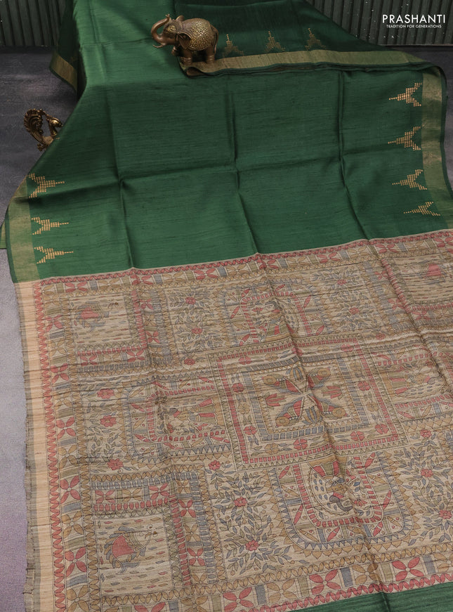 Pure dupion silk saree green and beige with plain body and madhubani printed pallu