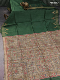 Pure dupion silk saree green and beige with plain body and madhubani printed pallu