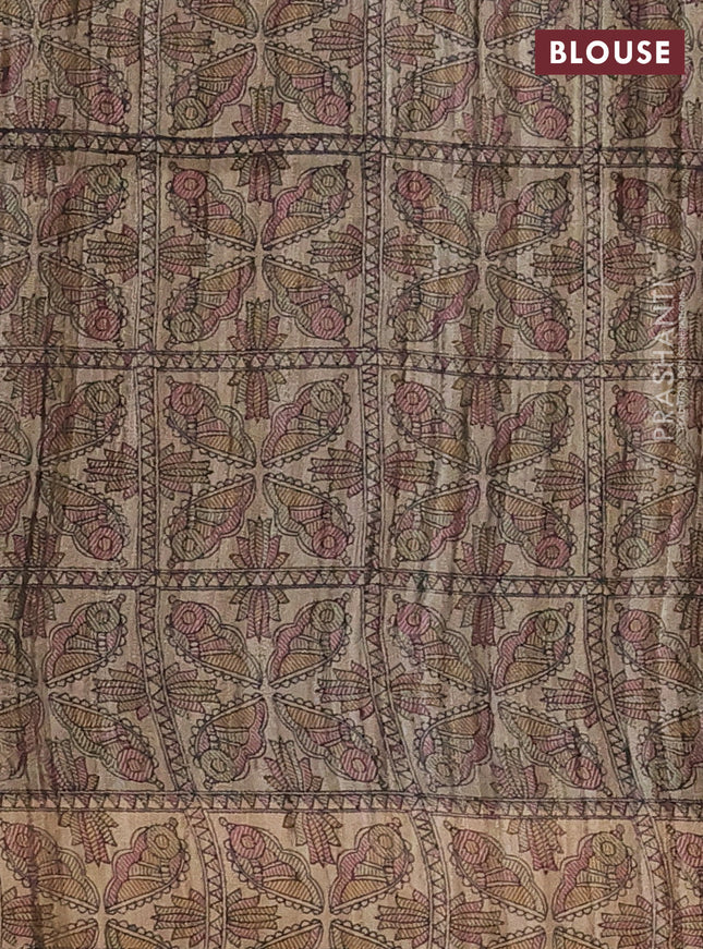 Pure dupion silk saree green and beige with plain body and madhubani printed pallu