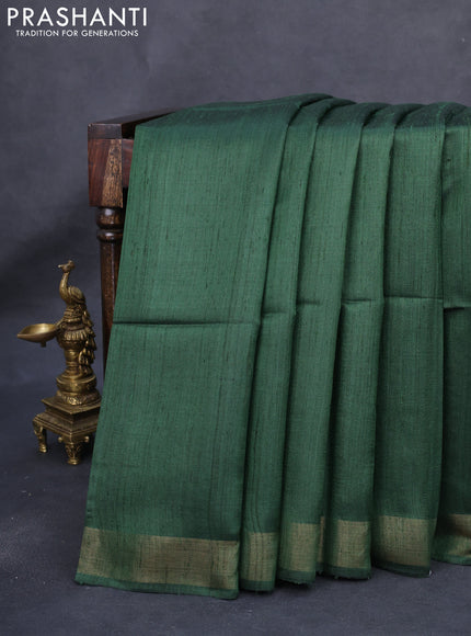 Pure dupion silk saree sap green and beige with plain body and madhubani printed pallu