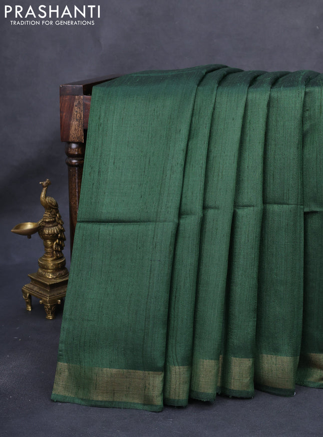 Pure dupion silk saree sap green and beige with plain body and madhubani printed pallu