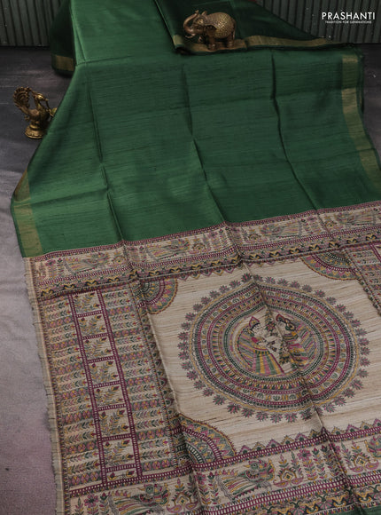 Pure dupion silk saree sap green and beige with plain body and madhubani printed pallu