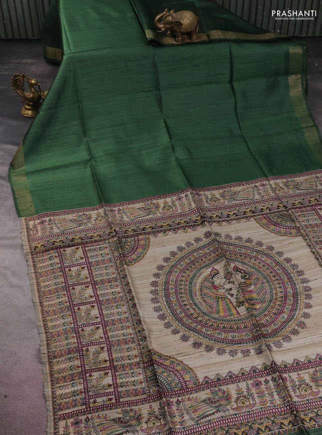 Pure dupion silk saree sap green and beige with plain body and madhubani printed pallu