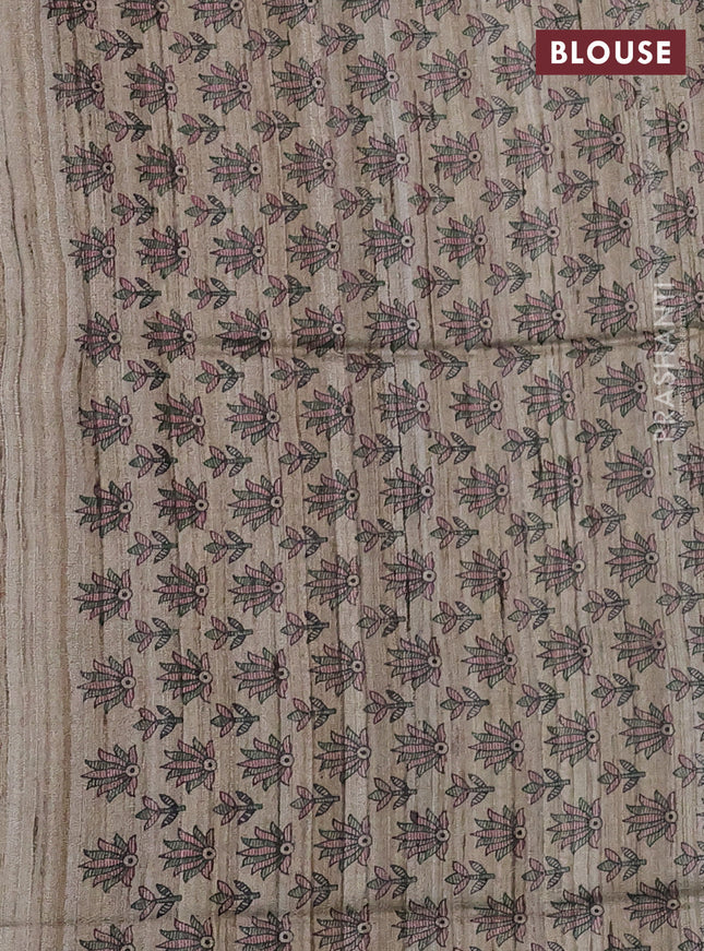 Pure dupion silk saree sap green and beige with plain body and madhubani printed pallu