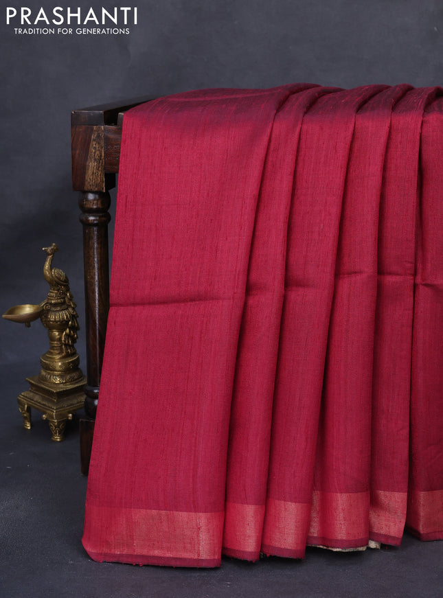 Pure dupion silk saree dark pink and beige with plain body and madhubani printed pallu