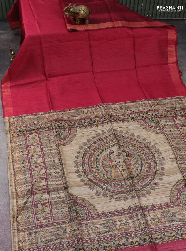 Pure dupion silk saree dark pink and beige with plain body and madhubani printed pallu