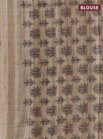 Pure dupion silk saree dark pink and beige with plain body and madhubani printed pallu