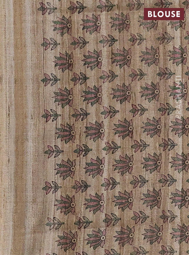 Pure dupion silk saree dark pink and beige with plain body and madhubani printed pallu