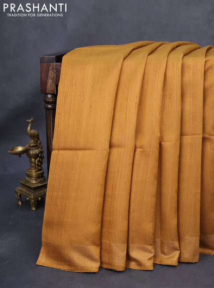 Pure dupion silk saree mustard yellow and beige with plain body and madhubani printed pallu