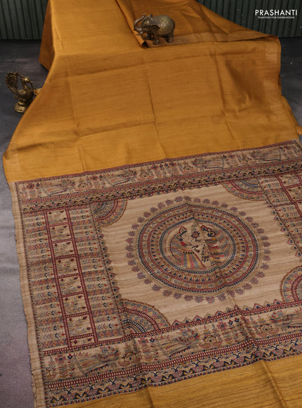 Pure dupion silk saree mustard yellow and beige with plain body and madhubani printed pallu