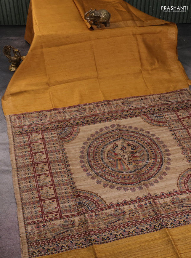 Pure dupion silk saree mustard yellow and beige with plain body and madhubani printed pallu