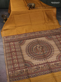 Pure dupion silk saree mustard yellow and beige with plain body and madhubani printed pallu