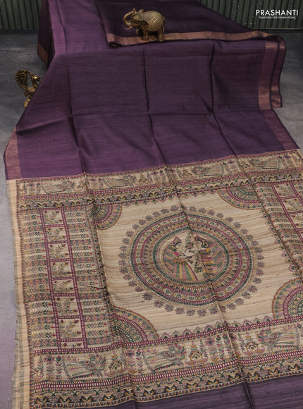 Pure dupion silk saree wine shade and beige with plain body and madhubani printed pallu