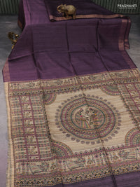 Pure dupion silk saree wine shade and beige with plain body and madhubani printed pallu